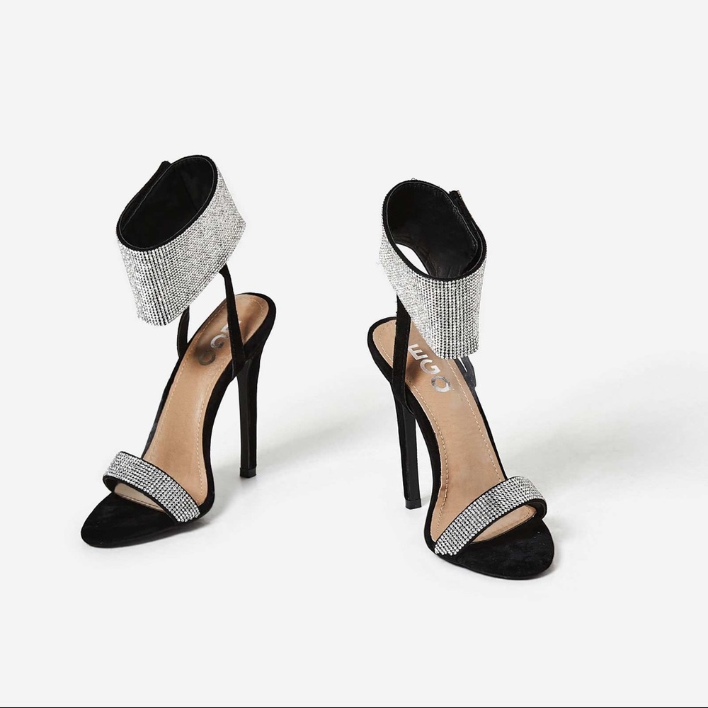 Ego Lyla Diamanté Strap Heel in Black Faux Suede